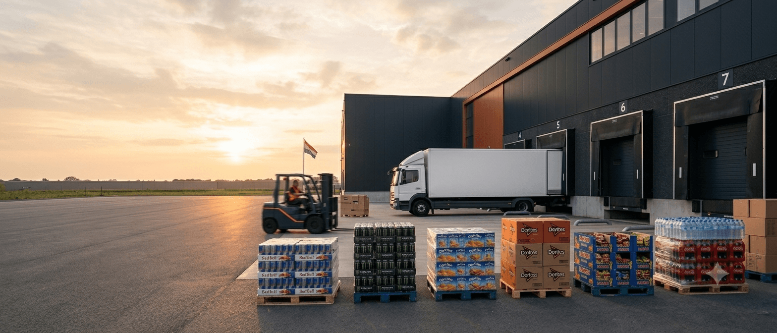 Plazastore magazijn met stellingen, pallets en zakelijke levering